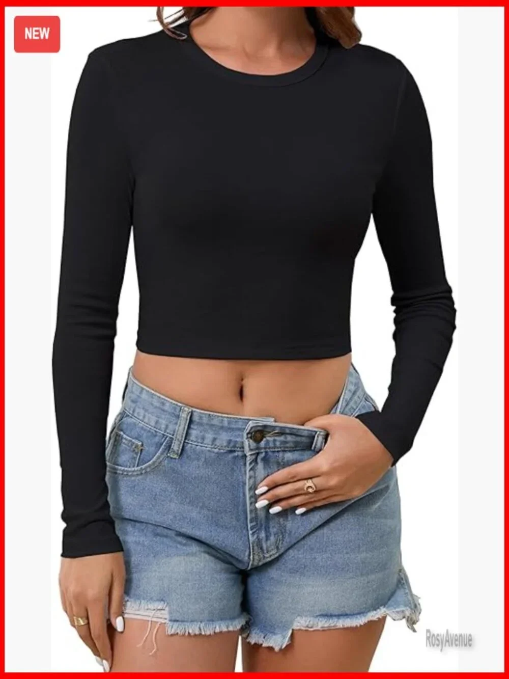Long Sleeve Crop Top Slim Fit Cotton Blend Ribbed Crew Neck T-Shirt